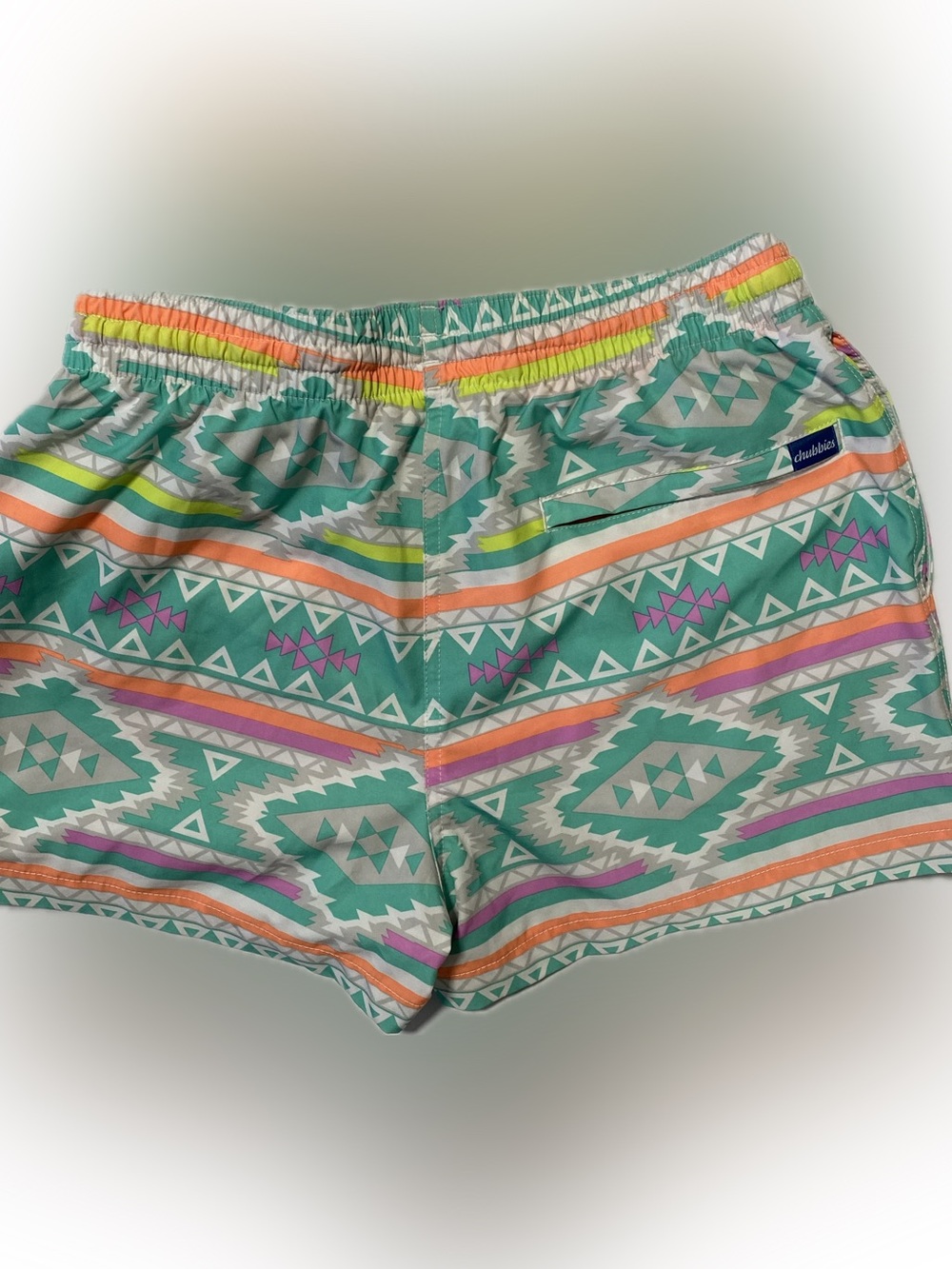 chubbies Teal Aztec Print Athletic Shorts with Orange and Purple Accents